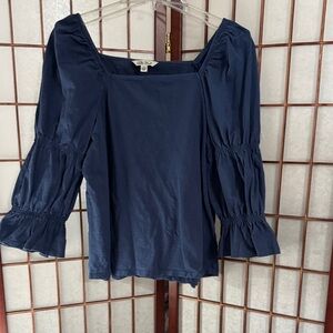 The Pioneer Woman Navy Blouse with Ruffled Sleeves PTP 19.5 inches